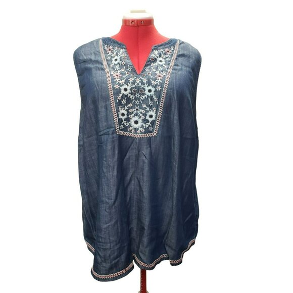 J Jill Denim Sleeveless Tunic Top XL Blue Embroidered Floral Design 100% Lyocell - Picture 1 of 9